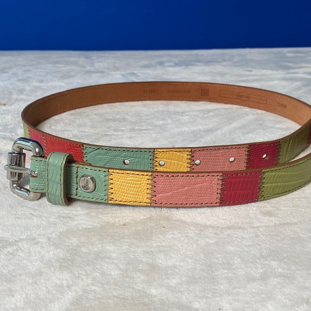 Fossil Ladies Multicolored Leather Patchwork Belt with Silver Buckle Size Medium